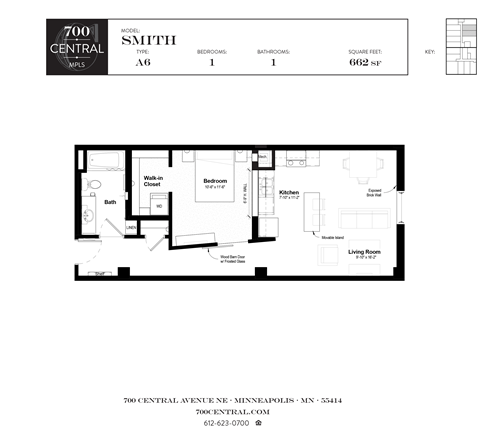 Floor plan for 1 bed, 1 bath, 662 sqft